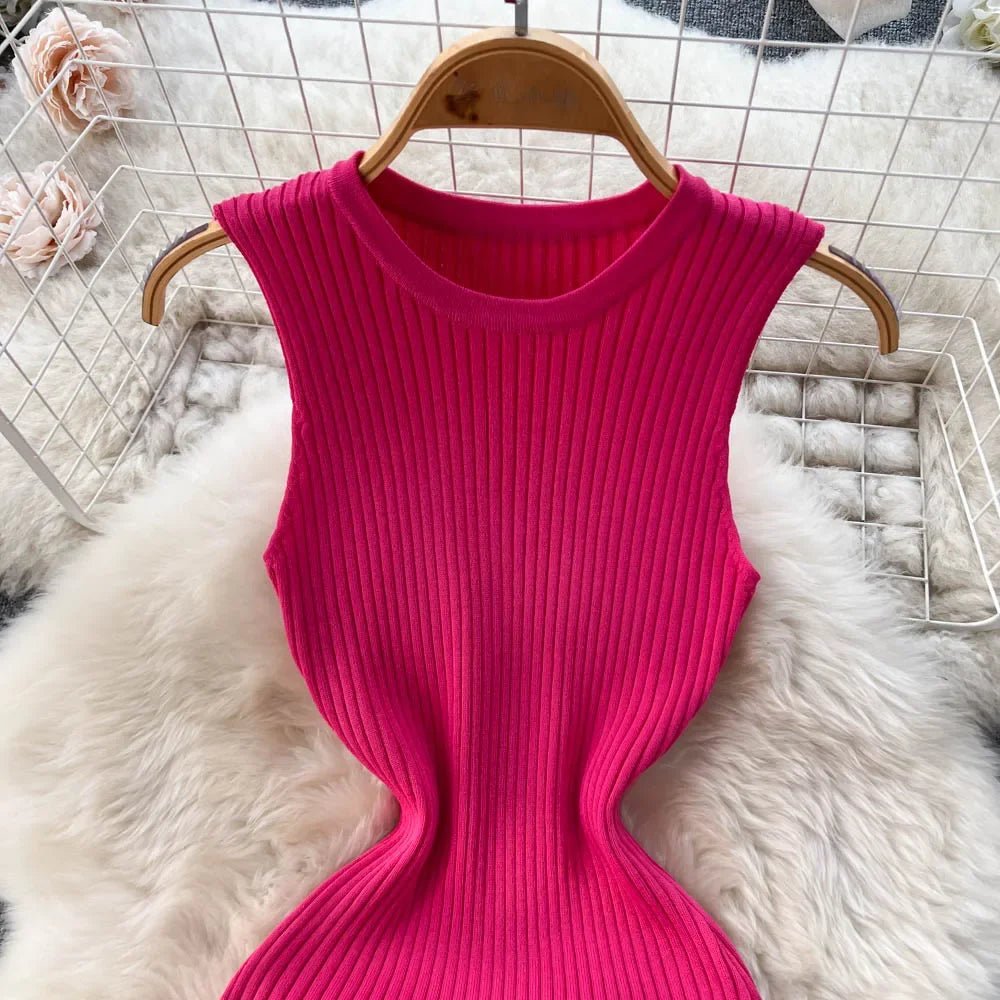 Summer Knitted Bodycon Sexy Dress 2026 O Neck Sleeveless Ruffled Party Sundress High Street Elastic Slim Short Dress - EverHype