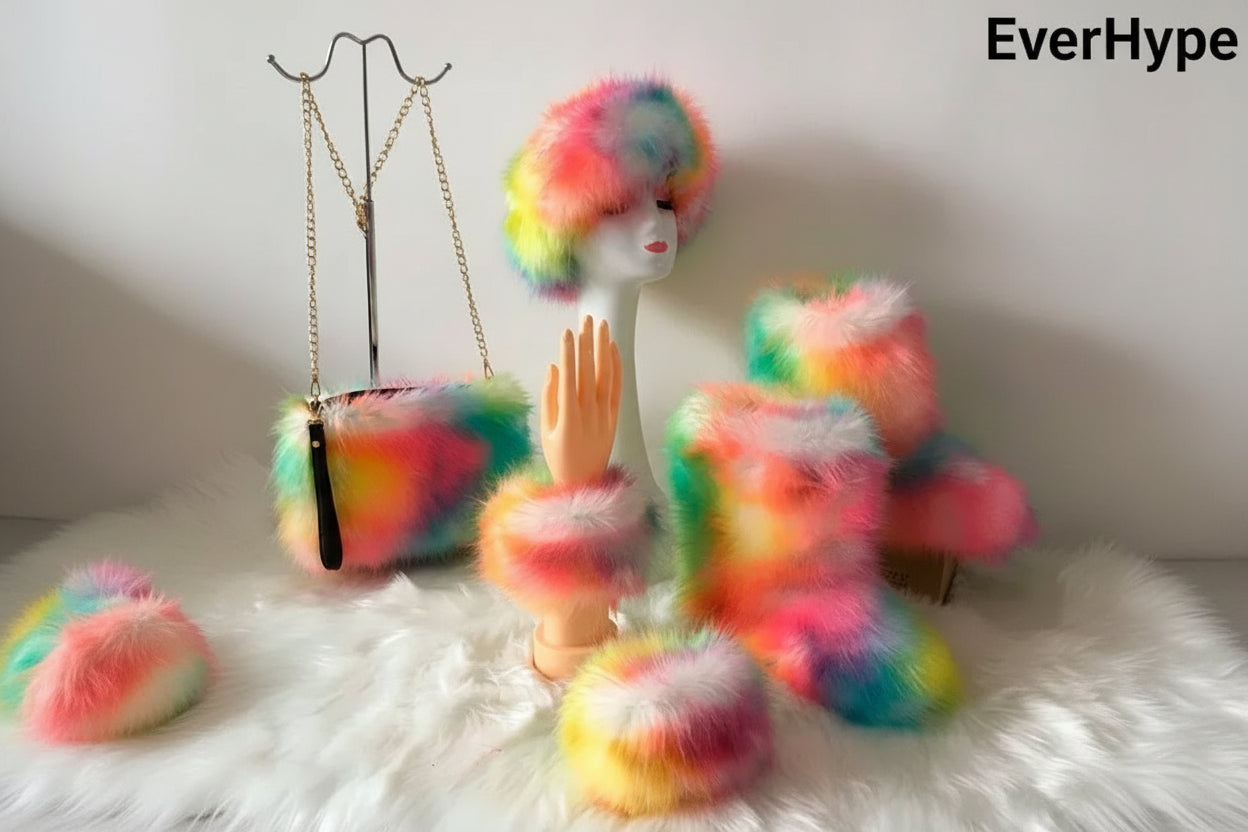 Luxury Faux Fur Winter Set - Furry Snow Boots, Purse, Cap & Headband - EverHype