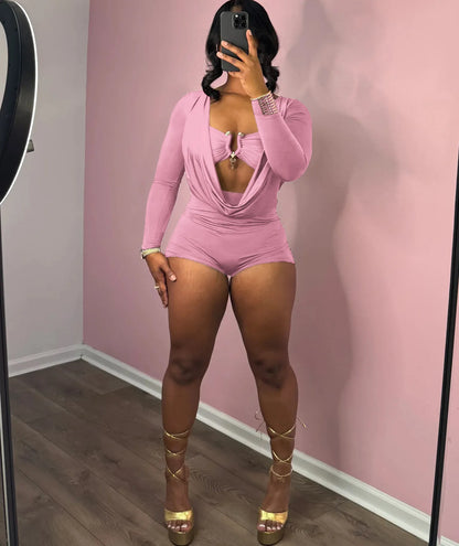 Jumpsuits for Women Sexy Deep V Neck Long Sleeve Romper Solid Color Bodycon Shorts Jumpsuit Club Wear One Piece Going Out Outfit - EverHype