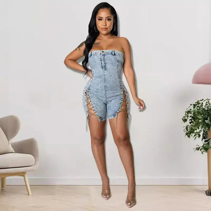 Rompers Women One Piece Elegant Splice Denim Jumpsuits Sexy Slim Fit Strapless Sleeveless Short Pants Sheath Playsuits - EverHype