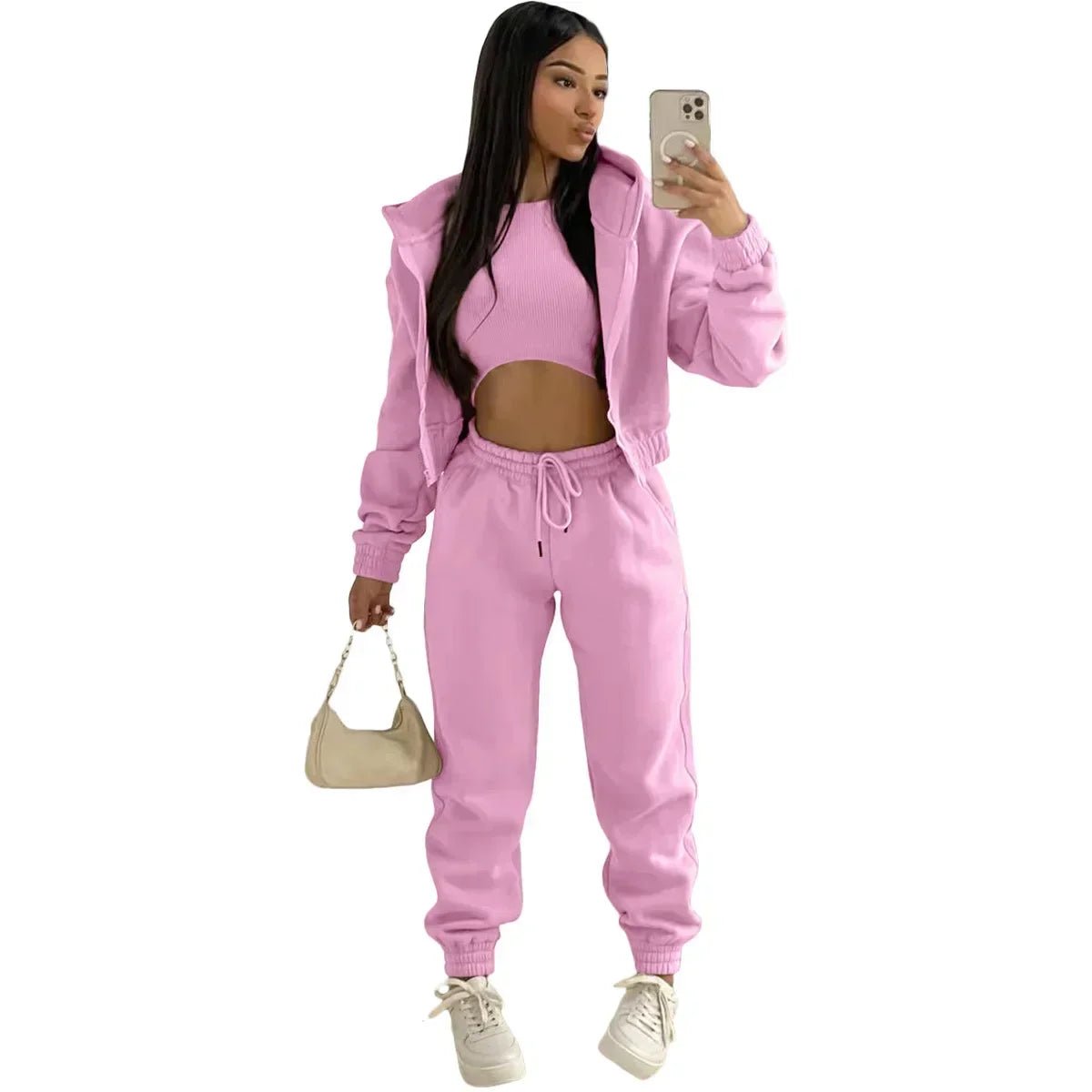3pcs Women's Clothing Set Fleece - lined Hooded Sweater &Sleeveless Tank Top & Sports Sweatpants Pants - EverHype