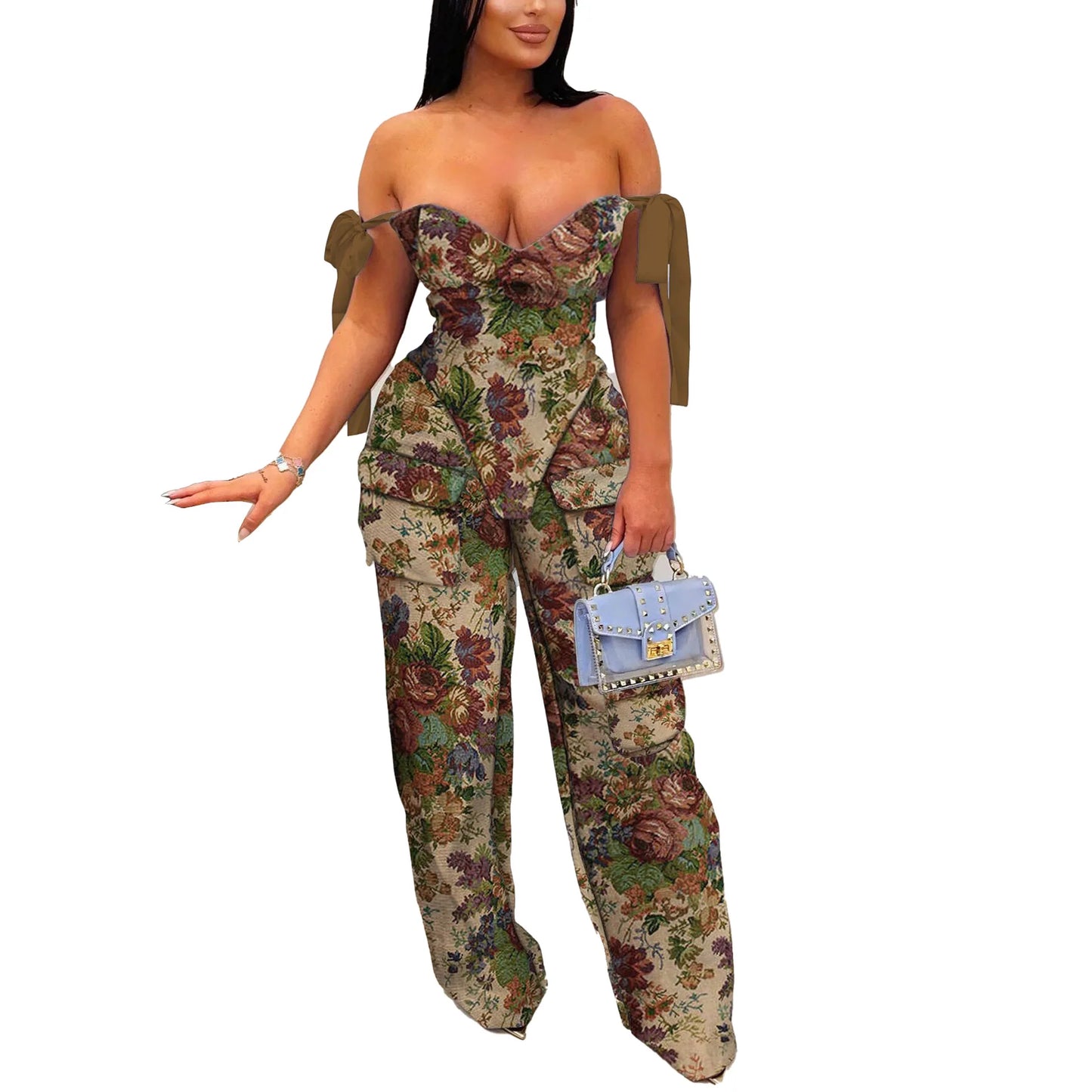 Women's Oil Painting 2 - Piece Set - Lace - Up Crop Top & Pants | Fall Winter Outfit - EverHype