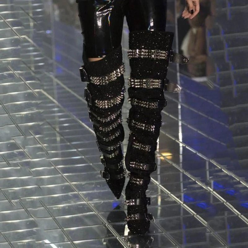 Luxury Crystal Thigh High Boots Women Belt Buckle Design Rhinestones Over The Knee Boots Sexy Pointed Toe Bling Bling Shoes - EverHype