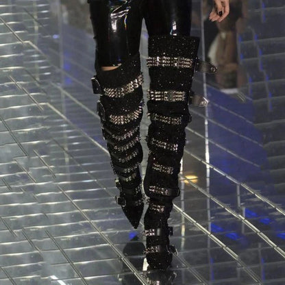 Luxury Crystal Thigh High Boots Women Belt Buckle Design Rhinestones Over The Knee Boots Sexy Pointed Toe Bling Bling Shoes - EverHype