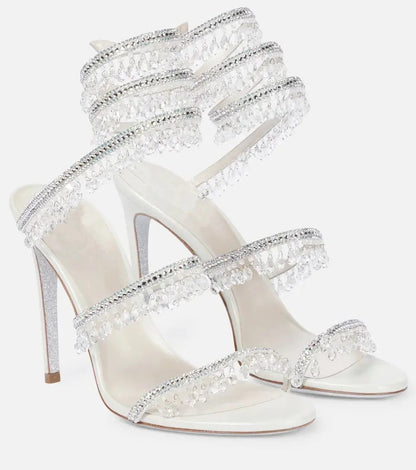 2025 Women's New Fashion Tassel Crystal Shoes Sexy Banquet Party Stiletto High Heels Women's Large Sandals Dance Shoes - EverHype