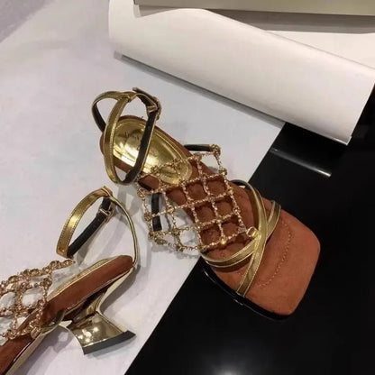 2025 New Summer Rhinestone Sandals Women's Block Heel High Heels - EverHype