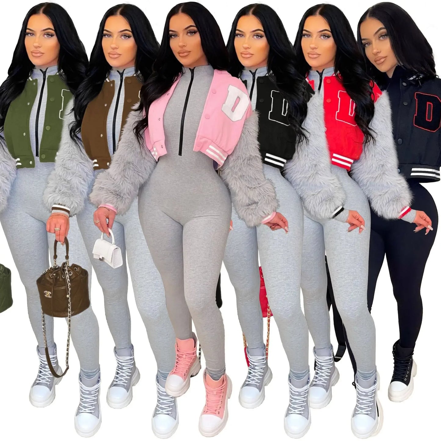 Women's Fur Sleeve Varsity Jacket - D Letter Cropped Baseball Jacket | Streetwear - EverHype