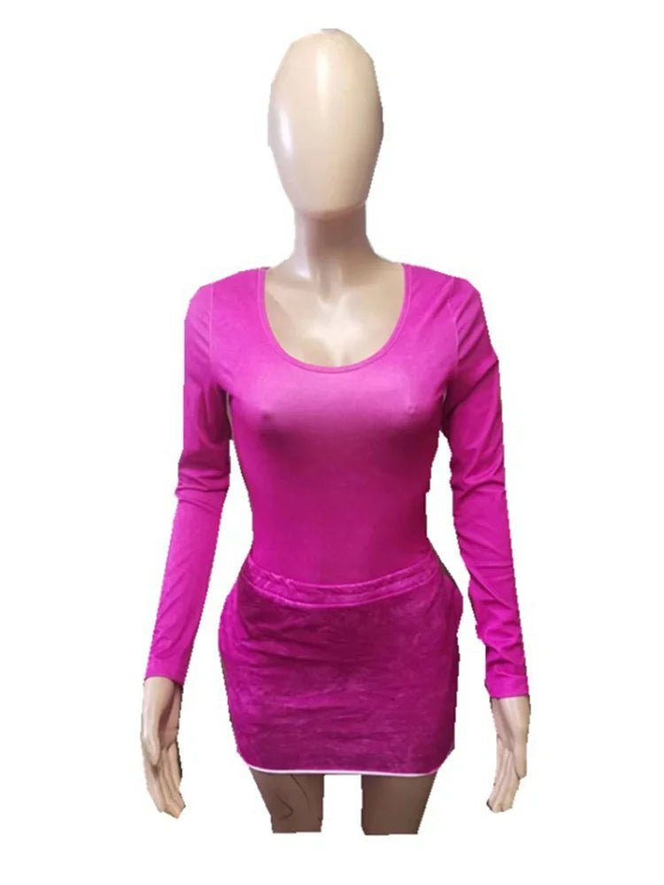 2024 Casual 2 Two Piece Dress Sets Long Sleeve Top Mini Skirts Matching Party Fashion Streetwear Rose Red Design Dress Suits - EverHype