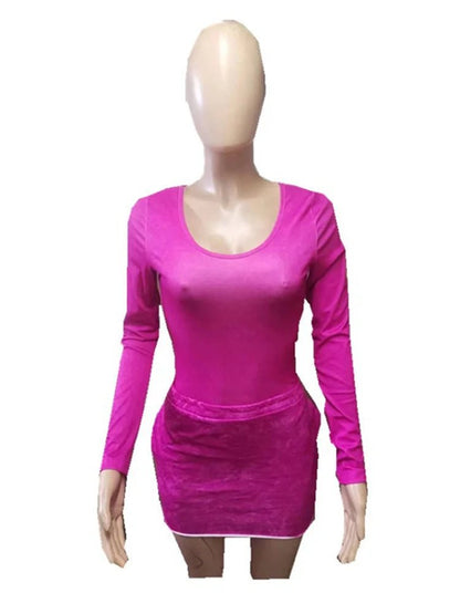 2024 Casual 2 Two Piece Dress Sets Long Sleeve Top Mini Skirts Matching Party Fashion Streetwear Rose Red Design Dress Suits - EverHype