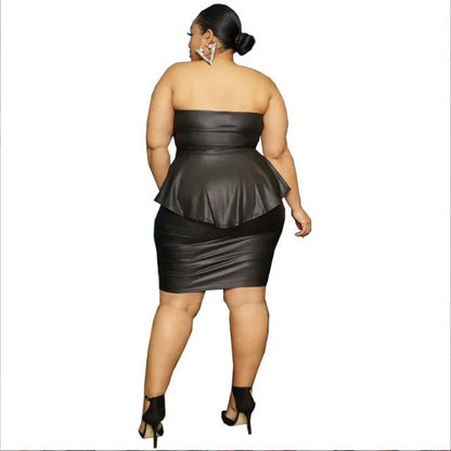 XL - 5XL Plus Size Skirt Two Piece Sets Women Clothing Sexy Club PU Tube Top Hip Wrap Sleeveless Bodycon Lady Outfit Dropshipping - EverHype
