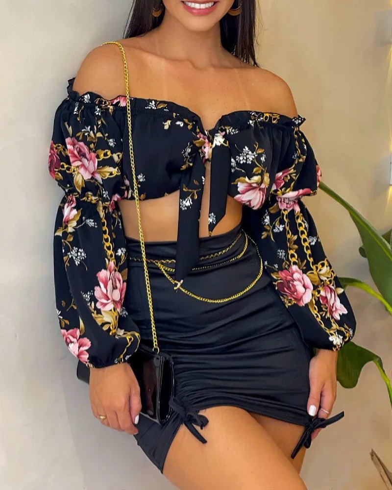 Flowers Print Slash Neck Long Sleeves Crop Top Skirts 2 Pcs Set Sexy Slim Summer Fashion Outfit Streetwear Dress Sets - EverHype