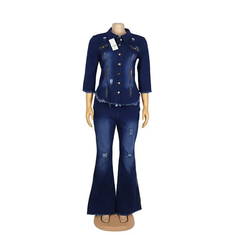 Two Piece Cowboy Denim Set - Jean Jacket & Flare Pants Outfit - EverHype