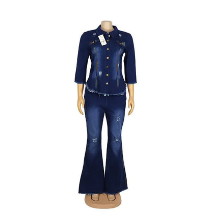 Two Piece Cowboy Denim Set - Jean Jacket & Flare Pants Outfit - EverHype
