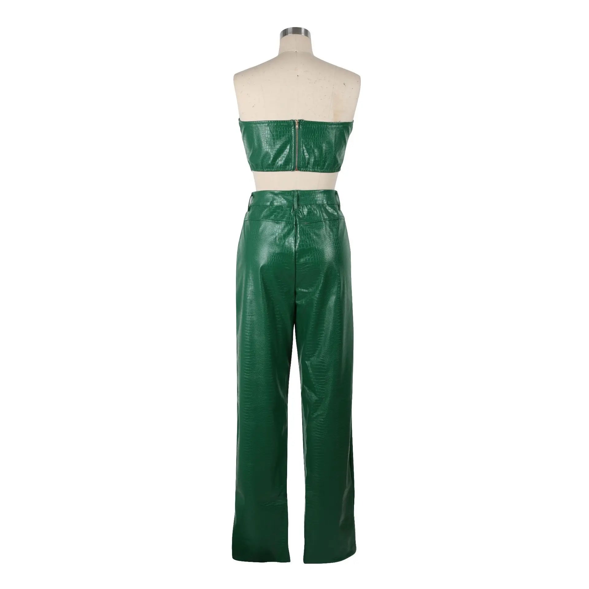 Women's Green Corset Jumpsuit - Cut - Out Cargo PU Leather 2 - Piece Set | Sexy Clubwear - EverHype