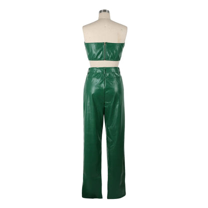 Women's Green Corset Jumpsuit - Cut - Out Cargo PU Leather 2 - Piece Set | Sexy Clubwear - EverHype