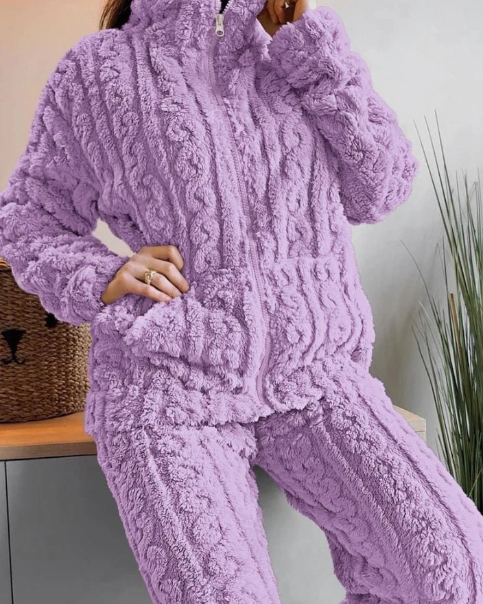 Women's Fuzzy Teddy 2 - Piece Set - Zip - Up Top & Pants Outfit | Autumn Loungewear - EverHype
