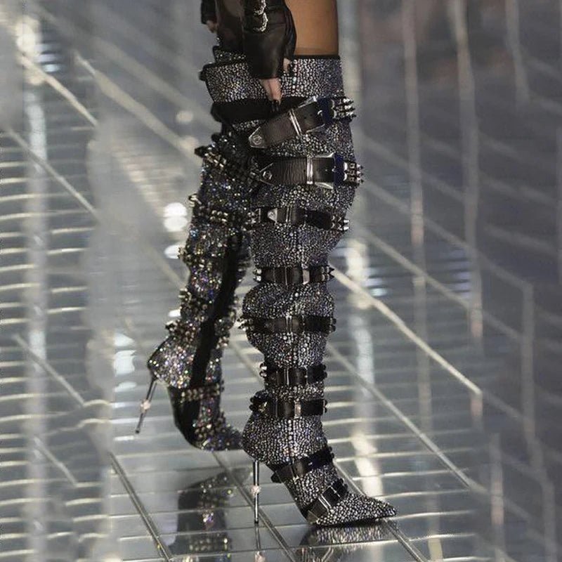 Luxury Crystal Thigh High Boots Women Belt Buckle Design Rhinestones Over The Knee Boots Sexy Pointed Toe Bling Bling Shoes - EverHype
