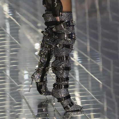 Luxury Crystal Thigh High Boots Women Belt Buckle Design Rhinestones Over The Knee Boots Sexy Pointed Toe Bling Bling Shoes - EverHype