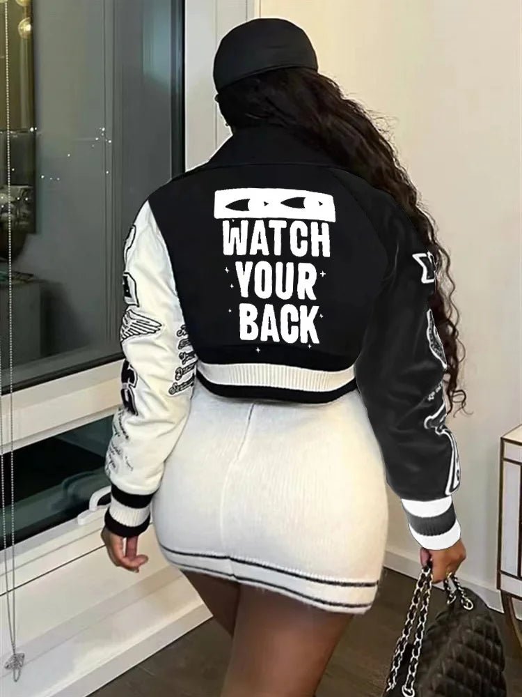 Fashion Baseball Buttons Fall Jackets For Women 2023 Crop Tops Jackets Coats Varsity Bomber Long Sleeve Print Green Black Jacket - EverHype