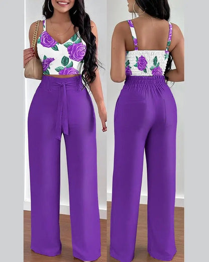 Women's 2 - Piece Pants Set - V - Neck Crop Top & Wide Leg Pants | Office Lady Suit - EverHype
