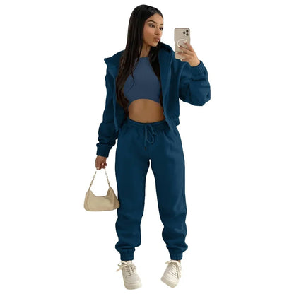 3pcs Women's Clothing Set Fleece - lined Hooded Sweater &Sleeveless Tank Top & Sports Sweatpants Pants - EverHype