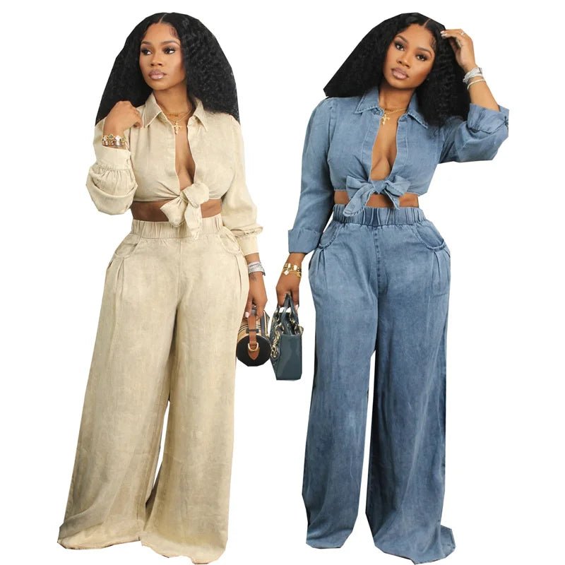 Streetwear Loose Fit Matching Set Outfits for Women Two Piece Set Club Party Lace - up Shirt Top and Wide Leg Pants Set Elegance - EverHype