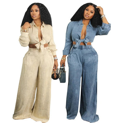 Streetwear Loose Fit Matching Set Outfits for Women Two Piece Set Club Party Lace - up Shirt Top and Wide Leg Pants Set Elegance - EverHype