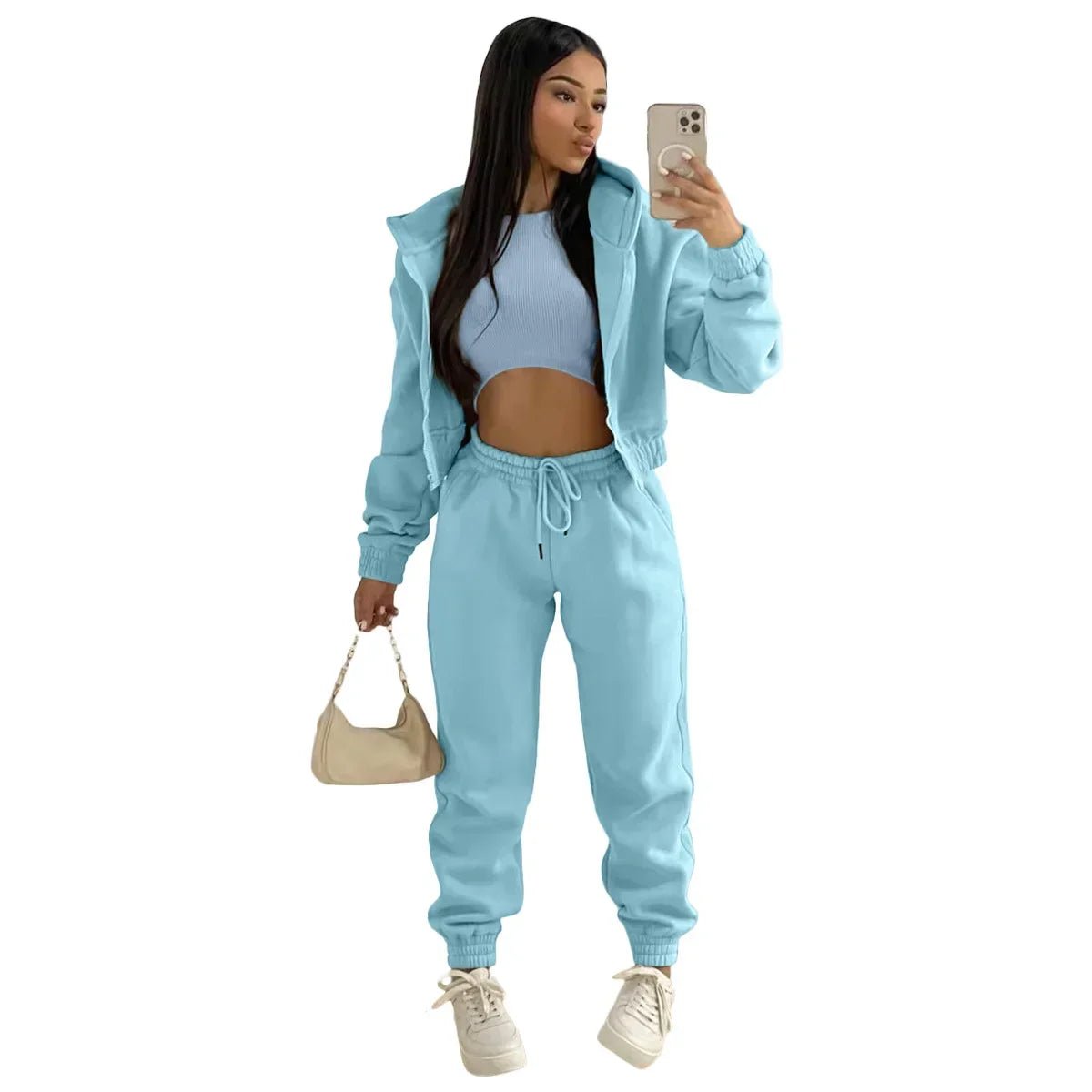 3pcs Women's Clothing Set Fleece - lined Hooded Sweater &Sleeveless Tank Top & Sports Sweatpants Pants - EverHype