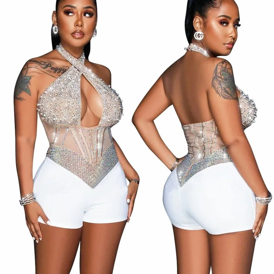 Gold Rhinestone Jumpsuit - Crystal Corset Bodycon Romper | Luxury Evening Party - EverHype
