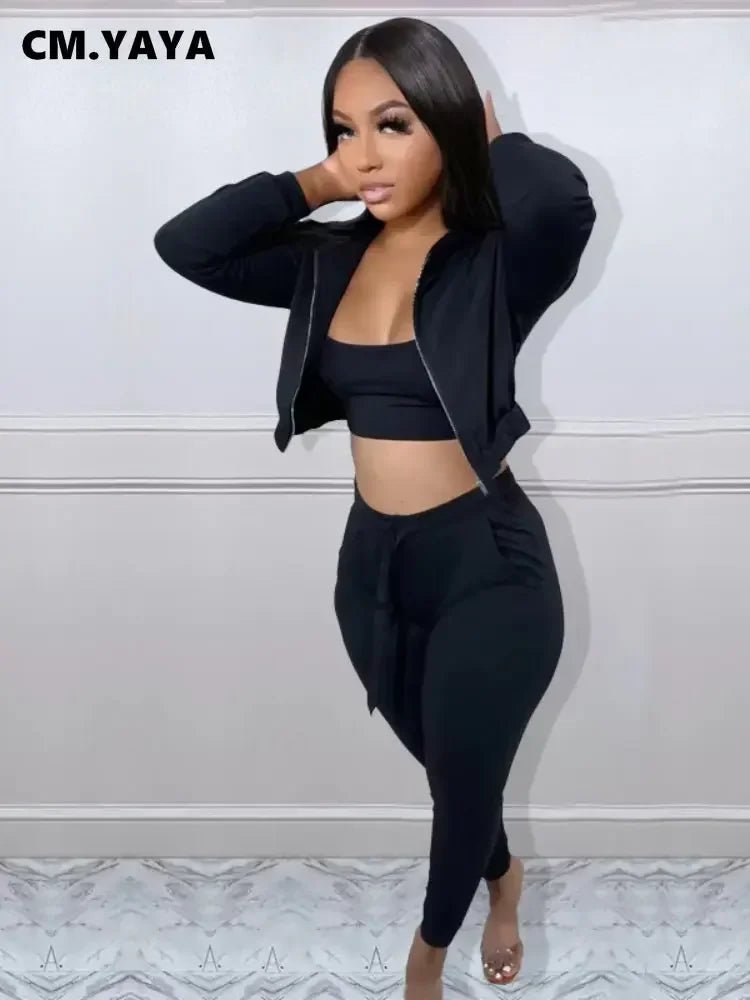 CM.YAYA Women Sportwear Fashion 3 - piece Set Outfits Hooded Track Jacket + Tank + Jogger Pants Suit Active Tracksuit Sweatsuit - EverHype