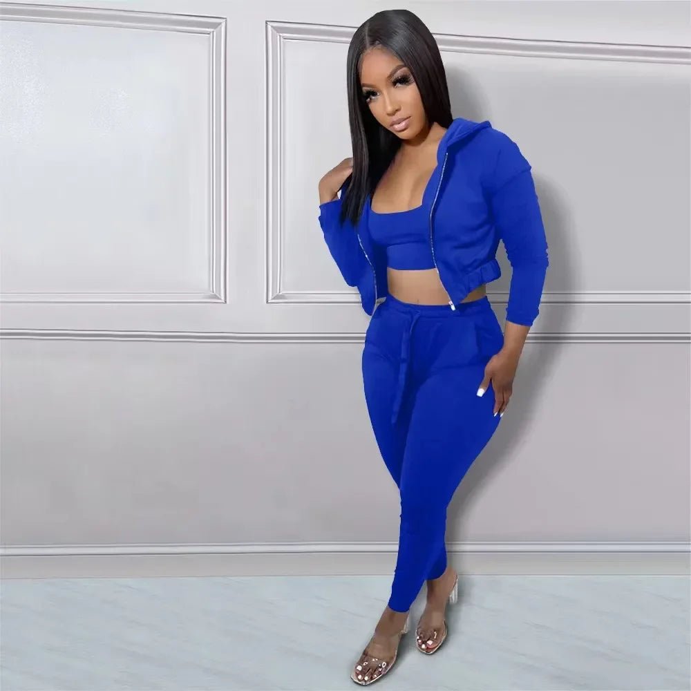 CM.YAYA Women Sportwear Fashion 3 - piece Set Outfits Hooded Track Jacket + Tank + Jogger Pants Suit Active Tracksuit Sweatsuit - EverHype