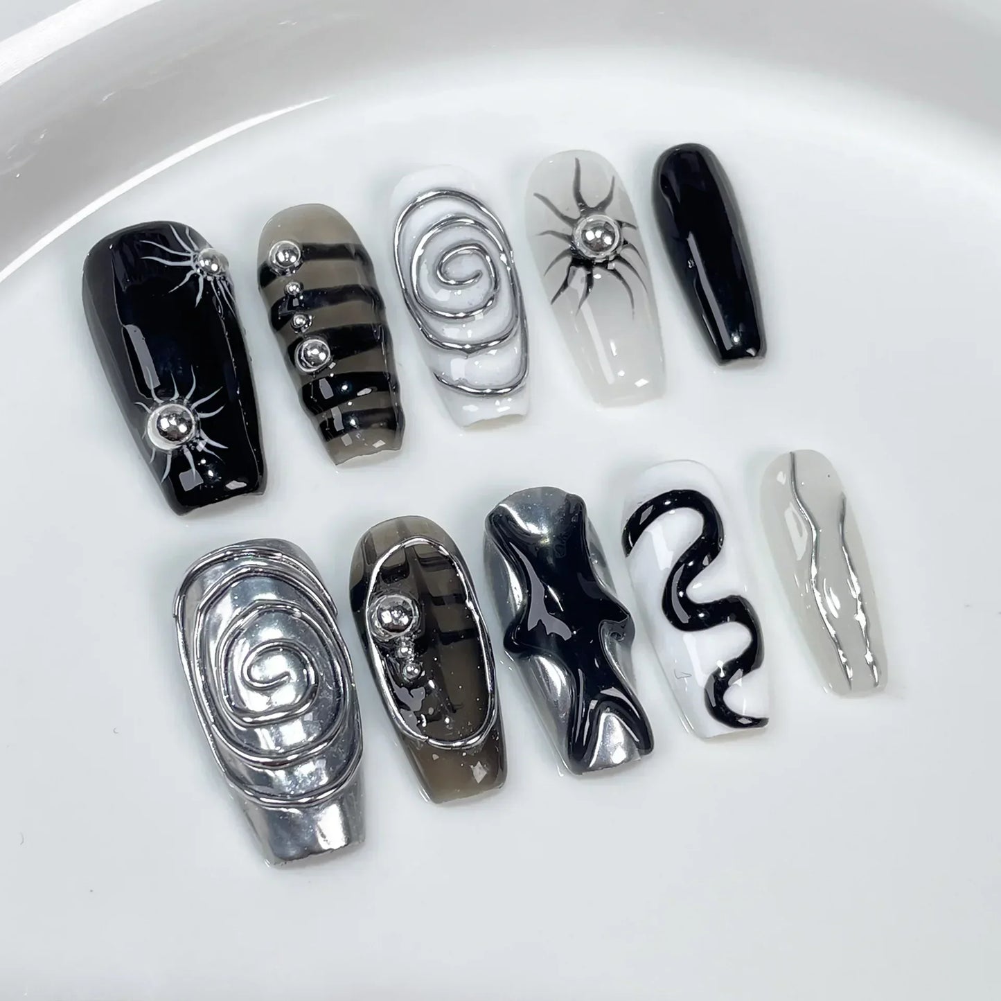 10Pcs Black Handmade Press On Nails Coffin Fake Nails Full Cover Gradient Metal Contrast Artificial Manicure Wearable Nail Tips - EverHype