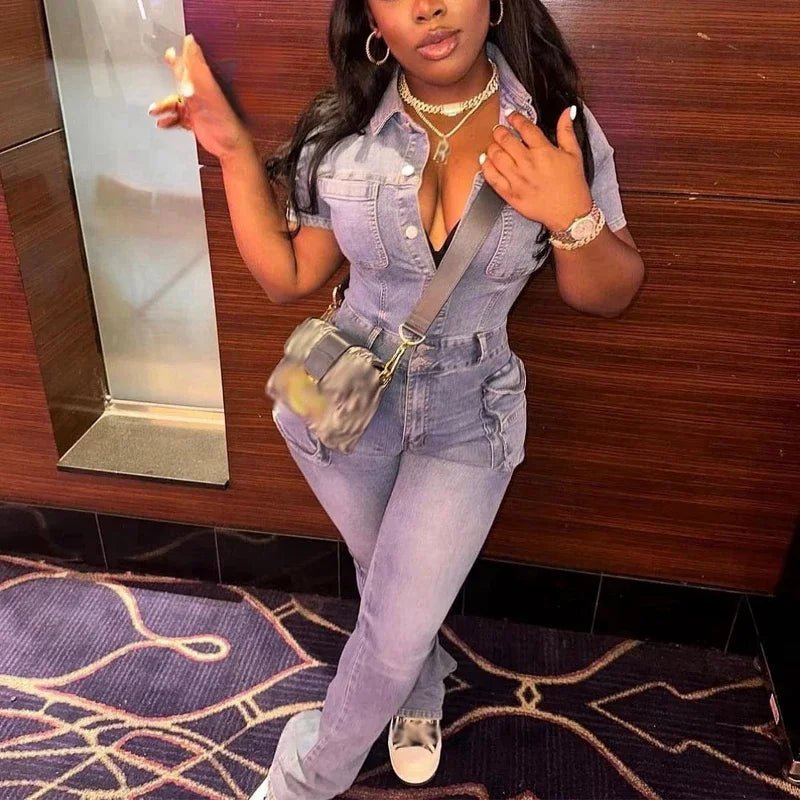 FAGADOER Blue Denim Jumpsuits Women Fashion Short Sleeve Lapel Cargo Pocket Stretchy Bodycon One Pieces Jeans Overall Streetwear - EverHype