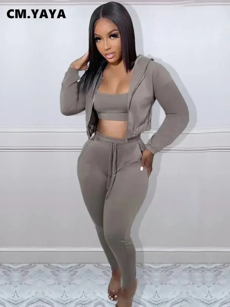 CM.YAYA Women Sportwear Fashion 3 - piece Set Outfits Hooded Track Jacket + Tank + Jogger Pants Suit Active Tracksuit Sweatsuit - EverHype
