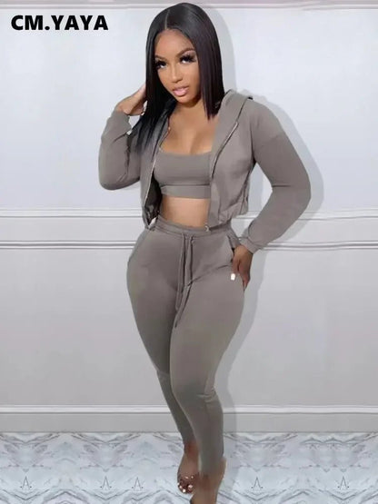 CM.YAYA Women Sportwear Fashion 3 - piece Set Outfits Hooded Track Jacket + Tank + Jogger Pants Suit Active Tracksuit Sweatsuit - EverHype