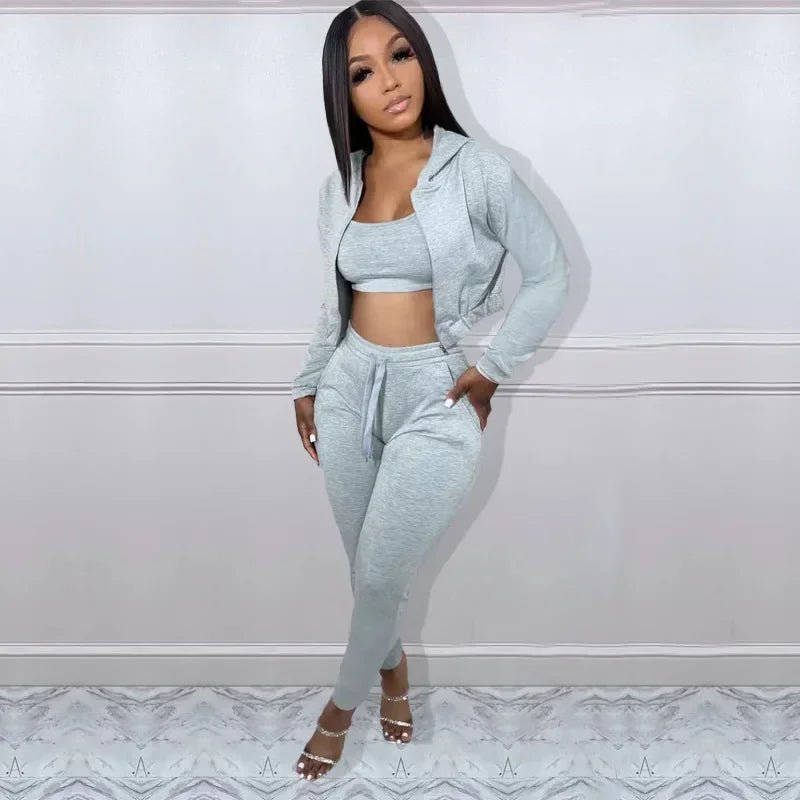 CM.YAYA Women Sportwear Fashion 3 - piece Set Outfits Hooded Track Jacket + Tank + Jogger Pants Suit Active Tracksuit Sweatsuit - EverHype