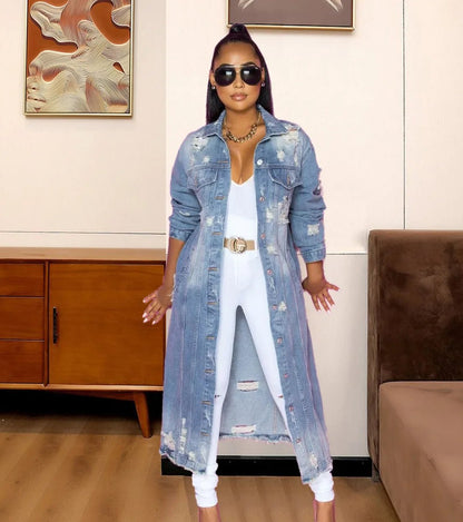 Ripped Raw Hem Button Front Longline Denim Coat Women Cardigan Breasted Holes Jackets Pockets High Street Outerwear Autumn - EverHype