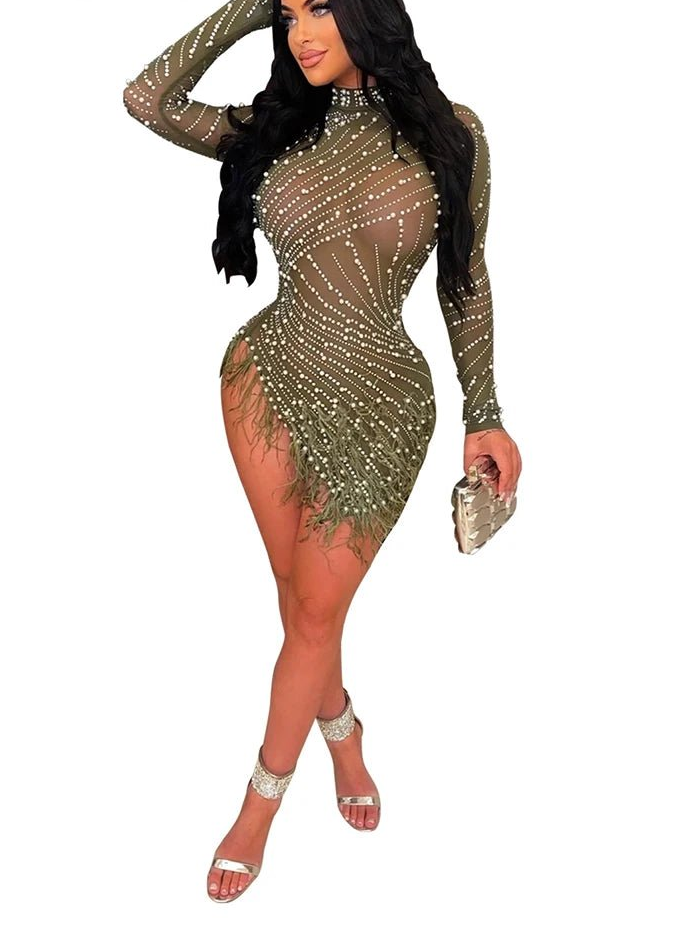 Luxury Feather Rhinestone Dress - Sheer Mesh Short Party Dress | Birthday & Evening - EverHype