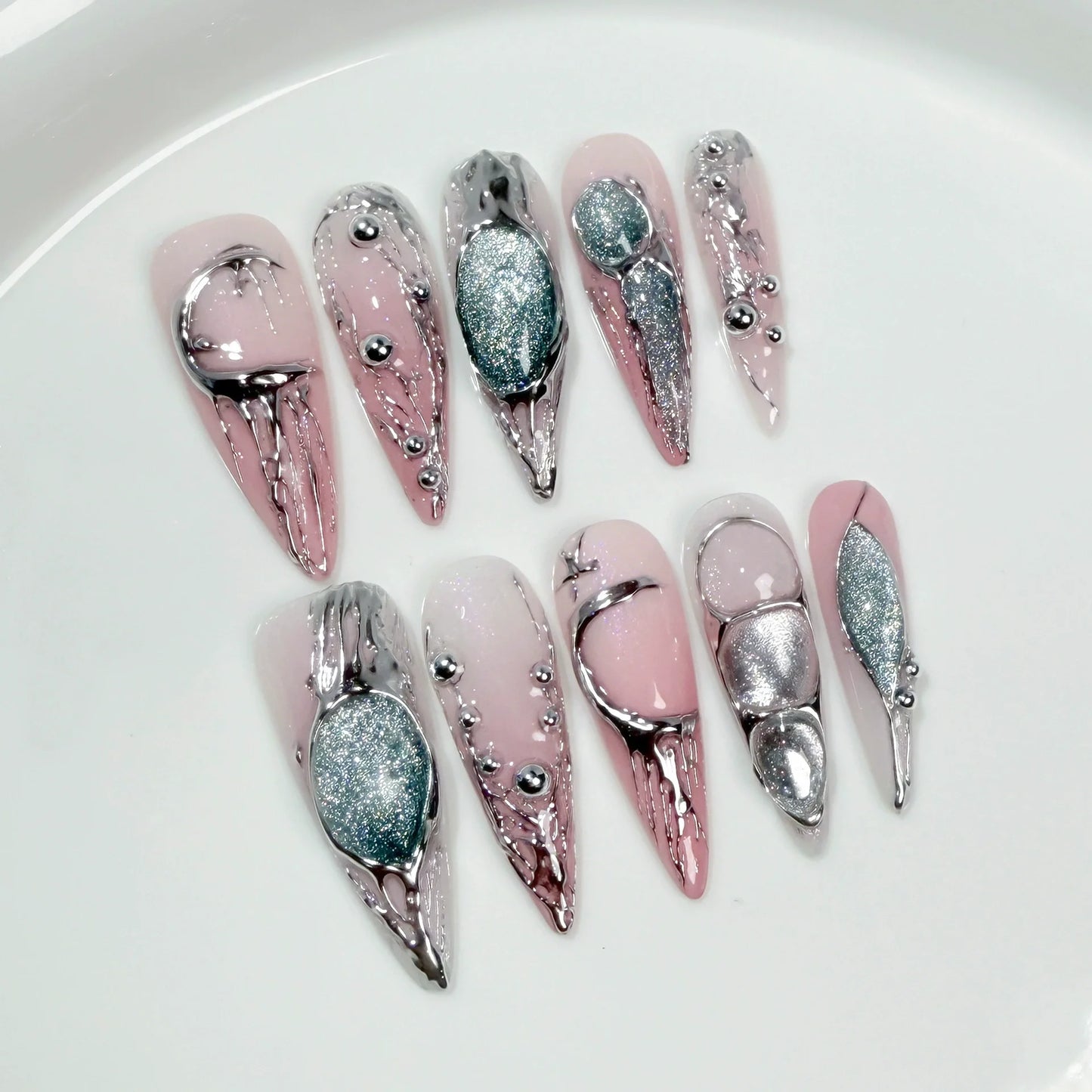 10Pcs Black Handmade Press On Nails Coffin Fake Nails Full Cover Gradient Metal Contrast Artificial Manicure Wearable Nail Tips - EverHype