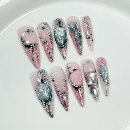 10Pcs Black Handmade Press On Nails Coffin Fake Nails Full Cover Gradient Metal Contrast Artificial Manicure Wearable Nail Tips - EverHype