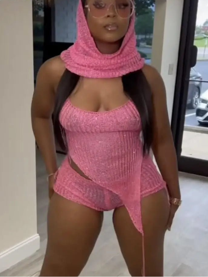 Joskaa Sequins Knit Beach 3 Piece Sets Women Sexy Backless Halter Irregular Top+Head Scarf+Shorts Matching Set Vacation Outfits - EverHype