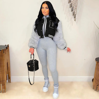 Women's Fur Sleeve Varsity Jacket - D Letter Cropped Baseball Jacket | Streetwear - EverHype