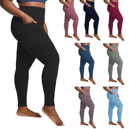 "Women's Plus Size High - Waisted Yoga Leggings with Pockets | Tummy Control Hip - Hugging Workout Solid Colors Tights for Gym - EverHype