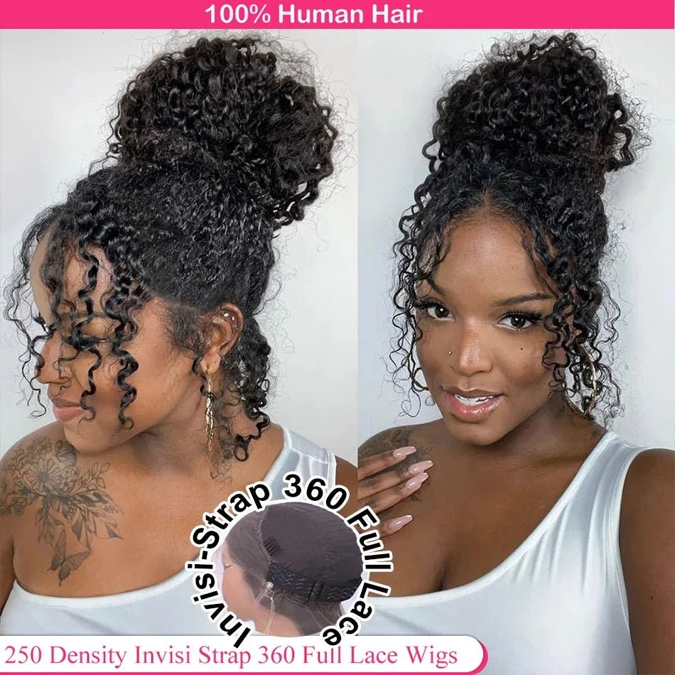 Invisible Strap HD 360 Lace Front Wig Human Hair Deep Curly Precut 360 Full Lace Wig Drawstring Snug Fit Glueless Wig Human Hair - EverHype