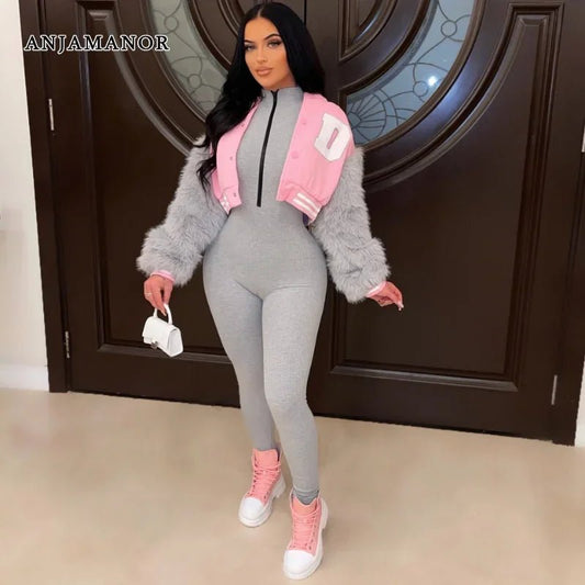 Women's Fur Sleeve Varsity Jacket - D Letter Cropped Baseball Jacket | Streetwear - EverHype