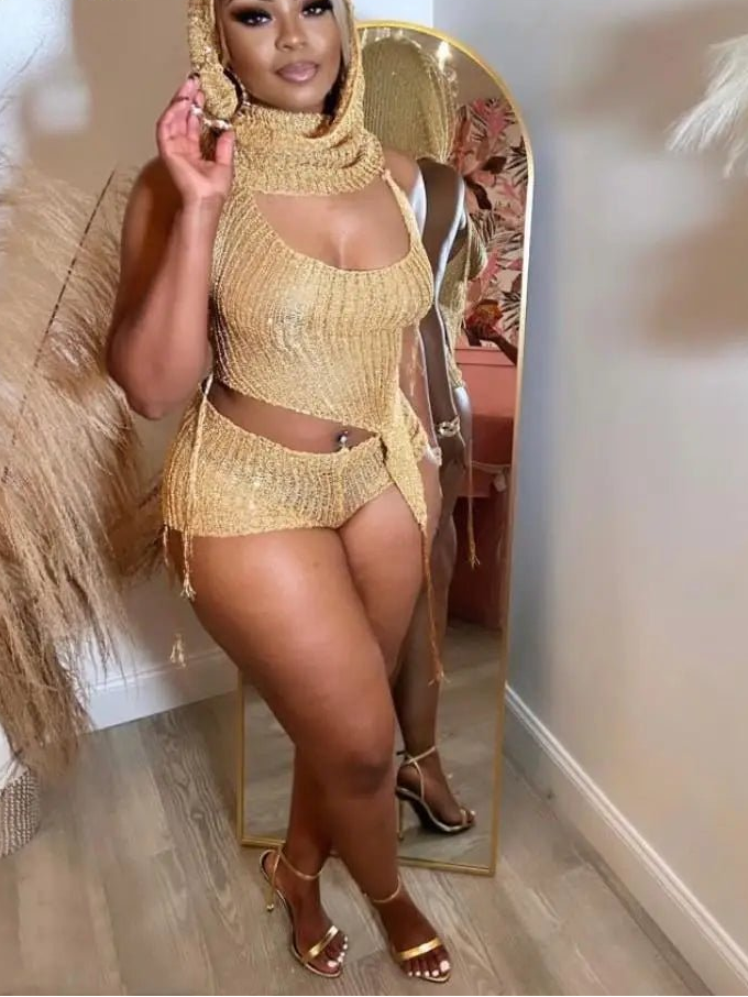 Joskaa Sequins Knit Beach 3 Piece Sets Women Sexy Backless Halter Irregular Top+Head Scarf+Shorts Matching Set Vacation Outfits - EverHype