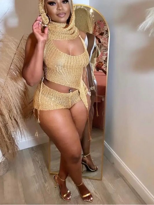 Joskaa Sequins Knit Beach 3 Piece Sets Women Sexy Backless Halter Irregular Top+Head Scarf+Shorts Matching Set Vacation Outfits - EverHype