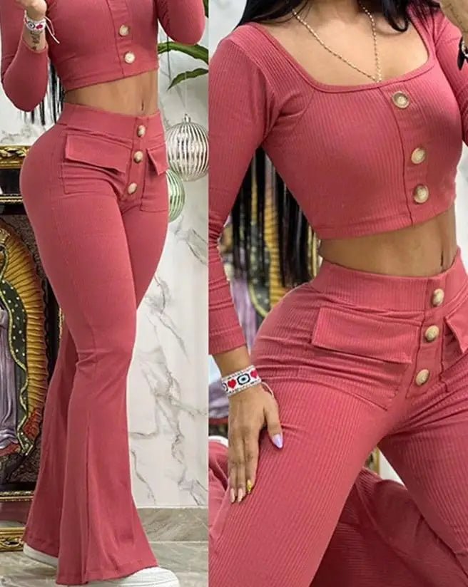 Women's 2 - Piece Flared Pants Set - Square Neck Top & High - Waist Pants | Summer Outfit - EverHype
