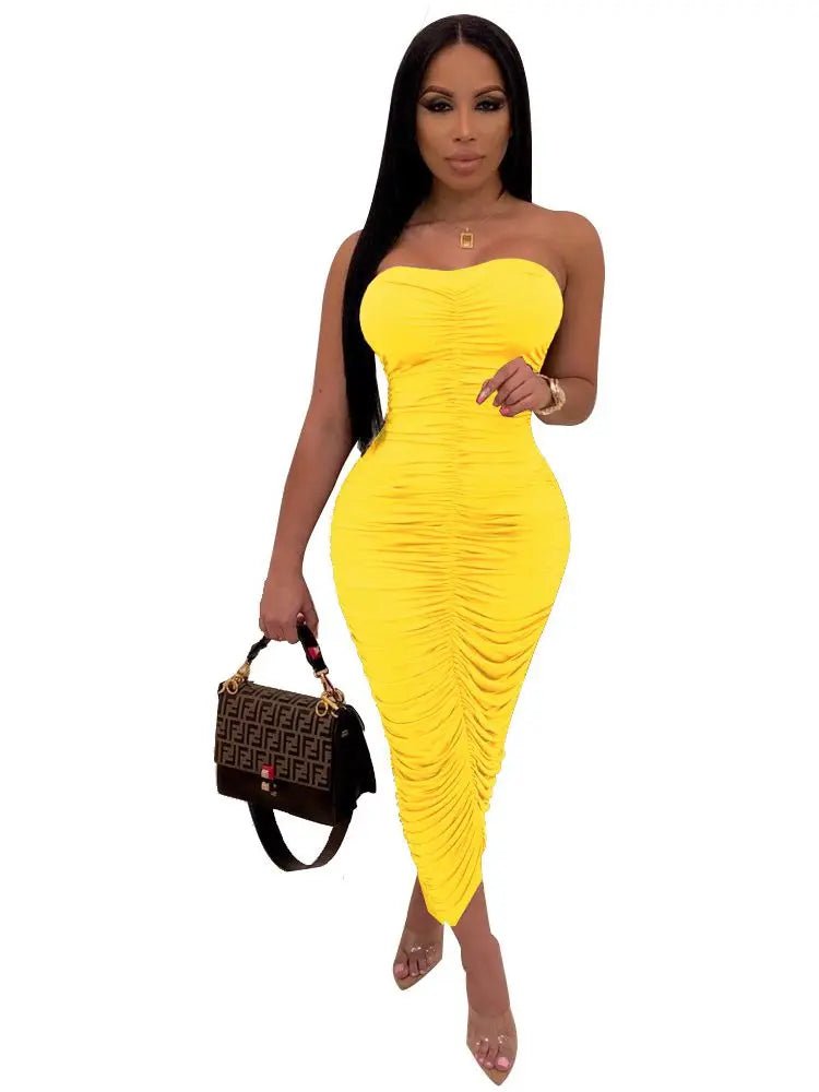 Ruched Bodycon Dress - Strapless Sleeveless Club Dress for Women - EverHype