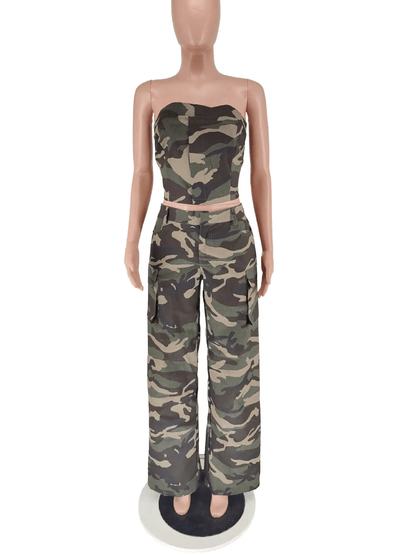 Women's Camouflage 2 - Piece Set - Strapless Crop Top & Wide Leg Pants Tracksuit - EverHype